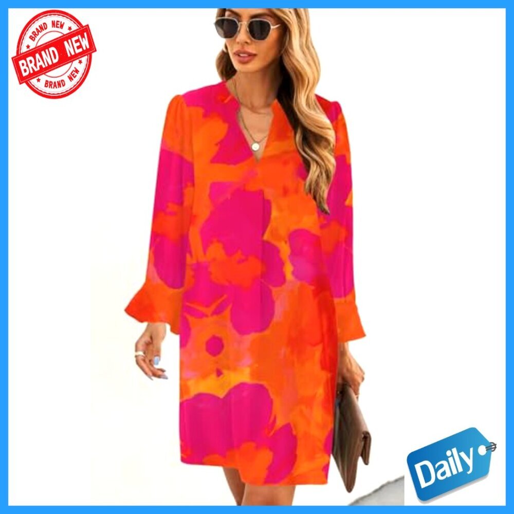 Long Sleeve V-Neck Mini Tunic Dress Loose Fit Polyester Casual - Picture 2 of 7